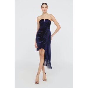NWT Theia Ursula Strapless Blue Velvet Fringe Dress Size 4 MSRP $495